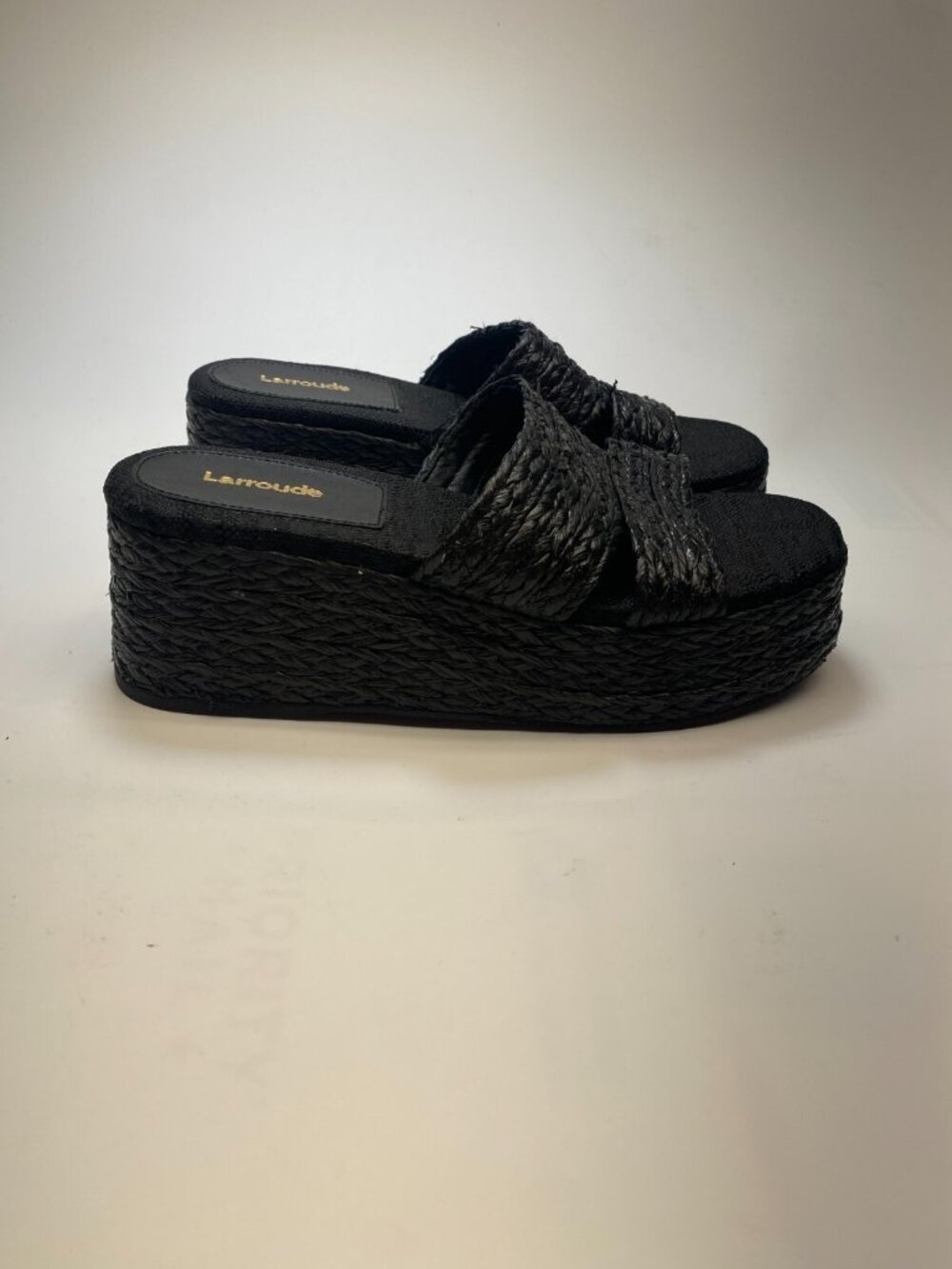 Larroudé Womens Ash Raffia Flatform Black Wedge Sandals Sz 10